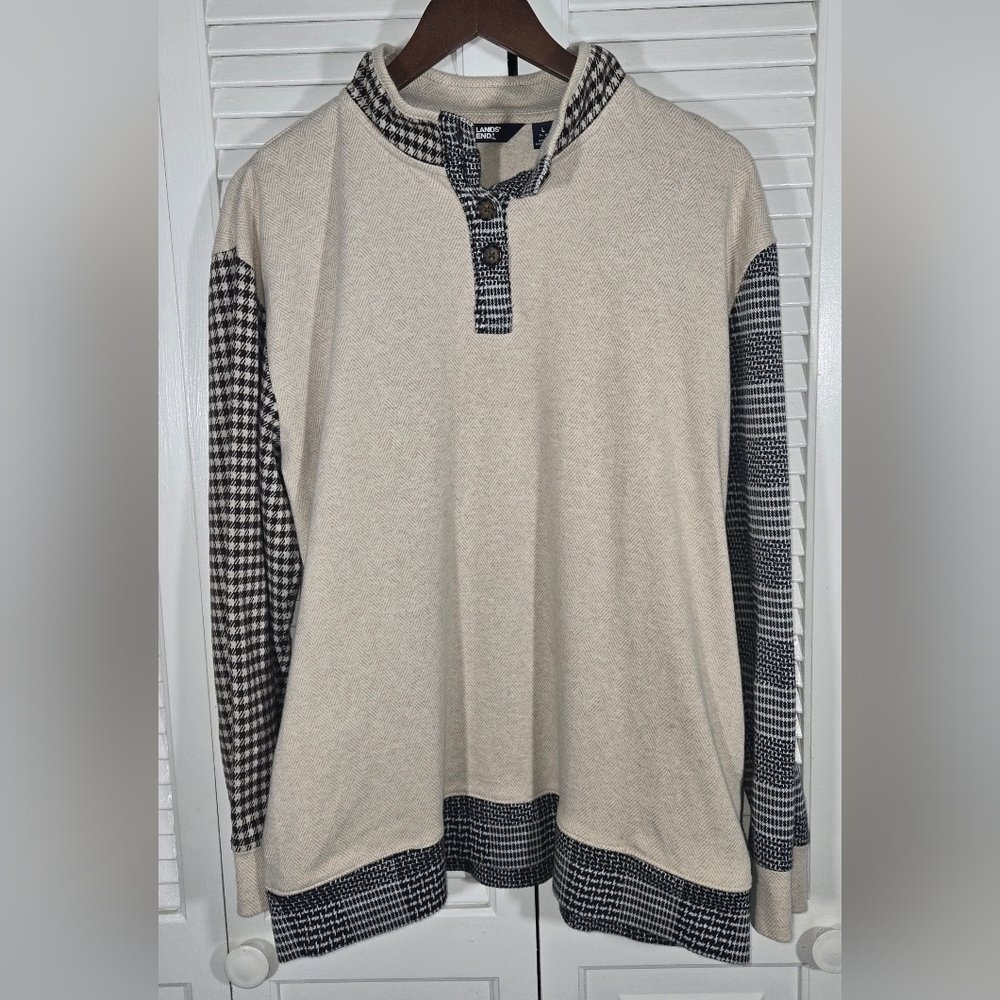 Lands End Henley Long Sleeve Knit Pullover Mockneck 1/4 Button Placket Sz L